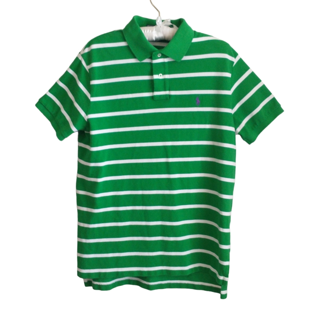 Polo by Ralph Lauren Green/White Striped Men's Polo Shirt. Size-L